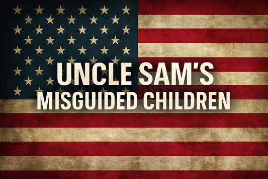 "Uncle Sam’s Misguided Children" in bold, capitalized text, centered horizontally. The background is a high-resolution image of a waving American flag.