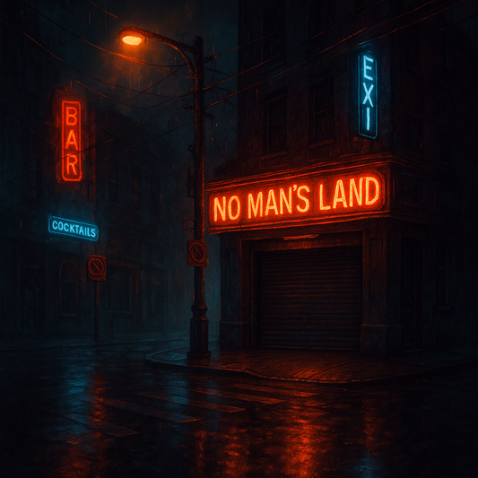 A street corner lit by flickering neon, empty but waiting. "No Mans Land"