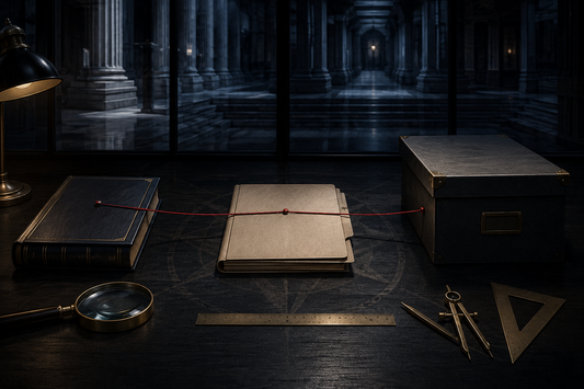 Dark archival evidence table with organized folders, a restrained red thread, civic stone reflections, and geometric light symbolizing disciplined investigation of power.