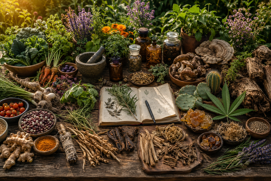 A realistic apothecary garden table with herbs, roots, bark, fungi, cactus, seeds, and an open journal representing the wide world of plant medicine.