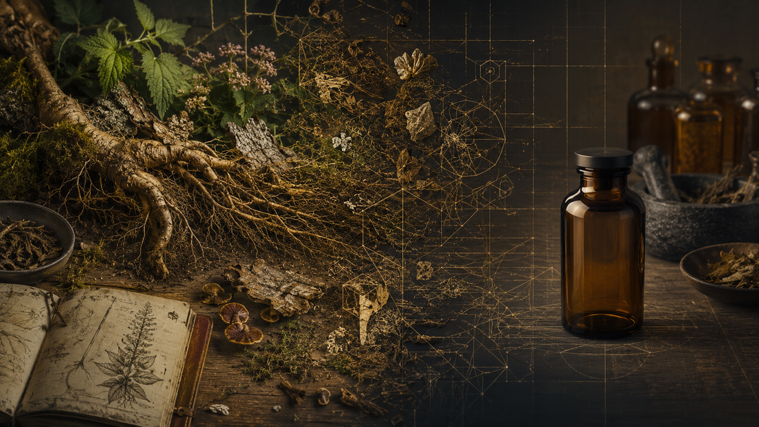 A root system and medicinal plants transforming into patent-like geometric lines and an unlabeled bottle, symbolizing living medicine becoming intellectual property.