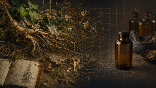 A root system and medicinal plants transforming into patent-like geometric lines and an unlabeled bottle, symbolizing living medicine becoming intellectual property.
