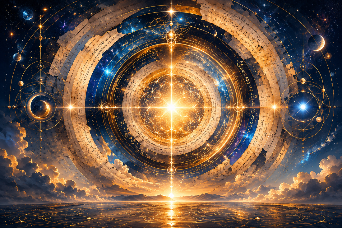 Luminous wordless center surrounded by layered parchment circles, stars, and subtle sacred geometry in ivory, navy, celestial blue, and gold.