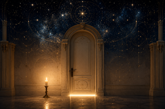 A candle burns beside a closed ivory doorway with warm light beneath it and a deep navy, star-filled ceiling overhead.