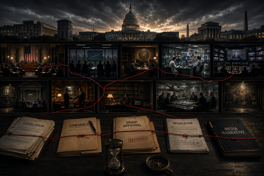 Cross-section of civic and corporate institutions connected through contracts, funding, regulations, and employment networks without a visible central controller.