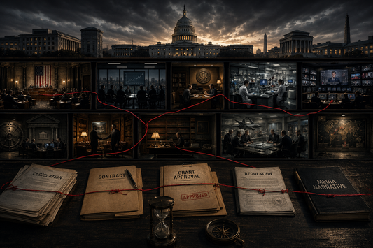 Cross-section of civic and corporate institutions connected through contracts, funding, regulations, and employment networks without a visible central controller.