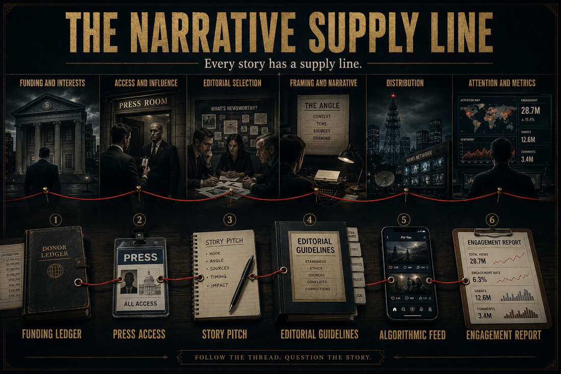 Civic-noir narrative supply chain connecting funding, access, editorial choices, algorithms, and audience attention through one restrained red thread.