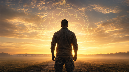 Veteran standing at sunrise before a glowing sacred geometry pattern, symbolizing healing, renewed purpose, and rebuilding life after service.