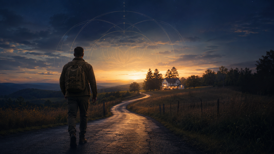 Veteran walking down a quiet rural road toward warm home lights at dusk, symbolizing the difficult journey of returning home after service.