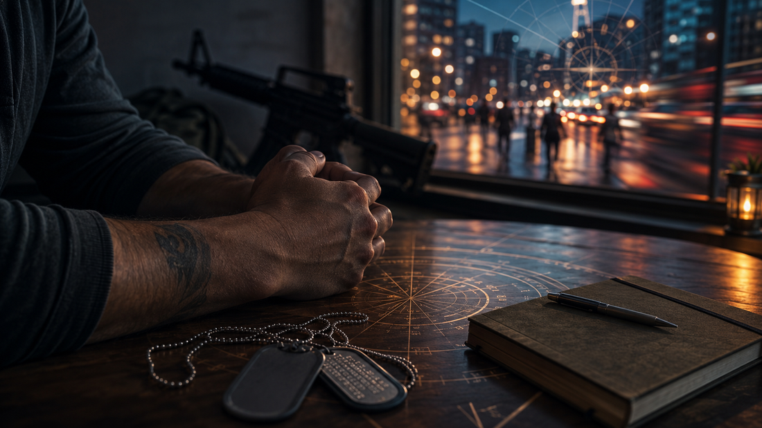 Veteran’s hands near dog tags and a field notebook with a blurred rifle and city lights behind, symbolizing combat clarity and civilian chaos.