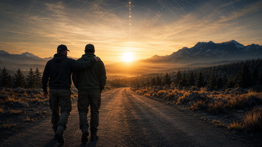 Two veterans walking side by side at sunrise, one with a hand on the other’s shoulder, symbolizing brotherhood and lasting support after service.