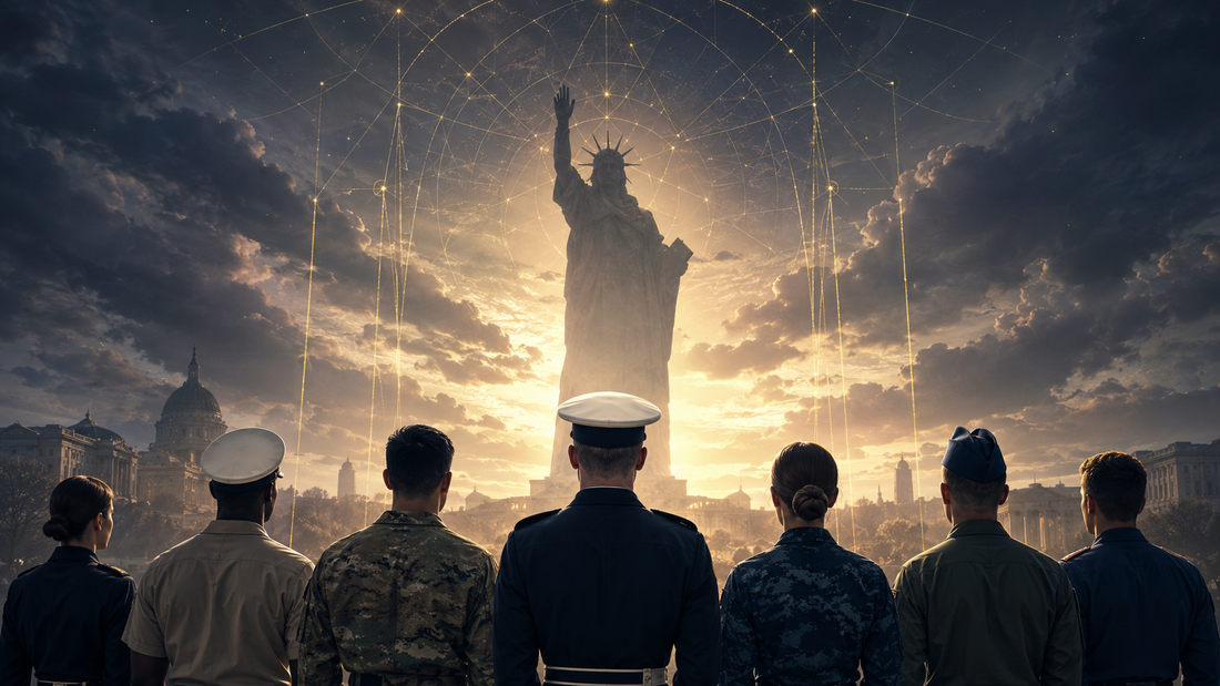 Service members facing a large civic statue under faint golden strings and sacred geometry, symbolizing military identity, service, and systemic control.