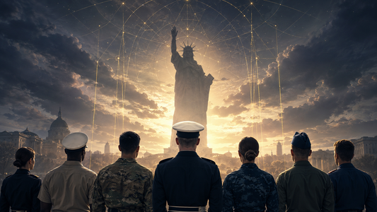 Service members facing a large civic statue under faint golden strings and sacred geometry, symbolizing military identity, service, and systemic control.