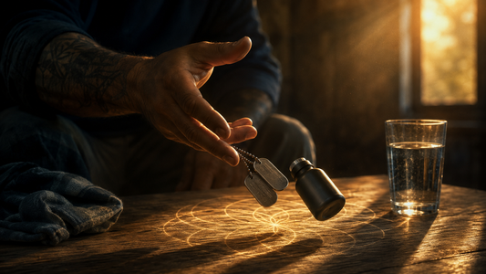 Veteran’s hand releasing dog tags and an old habit object beside a glass of water, symbolizing letting go of familiar pain and choosing freedom.