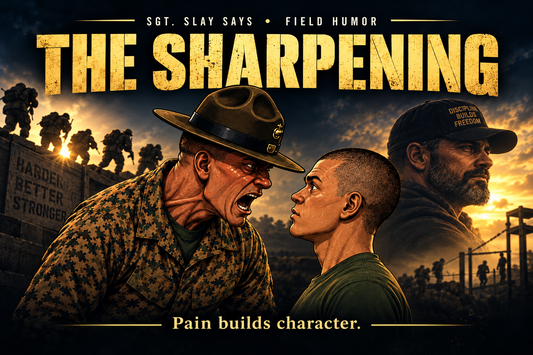 Marine drill instructor confronting a young recruit beneath the title “The Sharpening,” with training silhouettes and an older veteran in the background at sunset.
