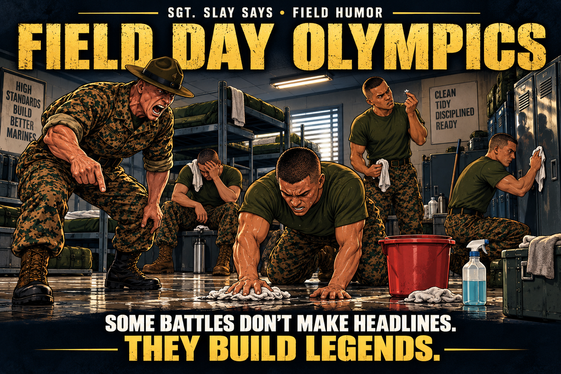 Marines scrubbing and inspecting a barracks during field day while an intense Marine leader supervises beneath the title “Field Day Olympics.”