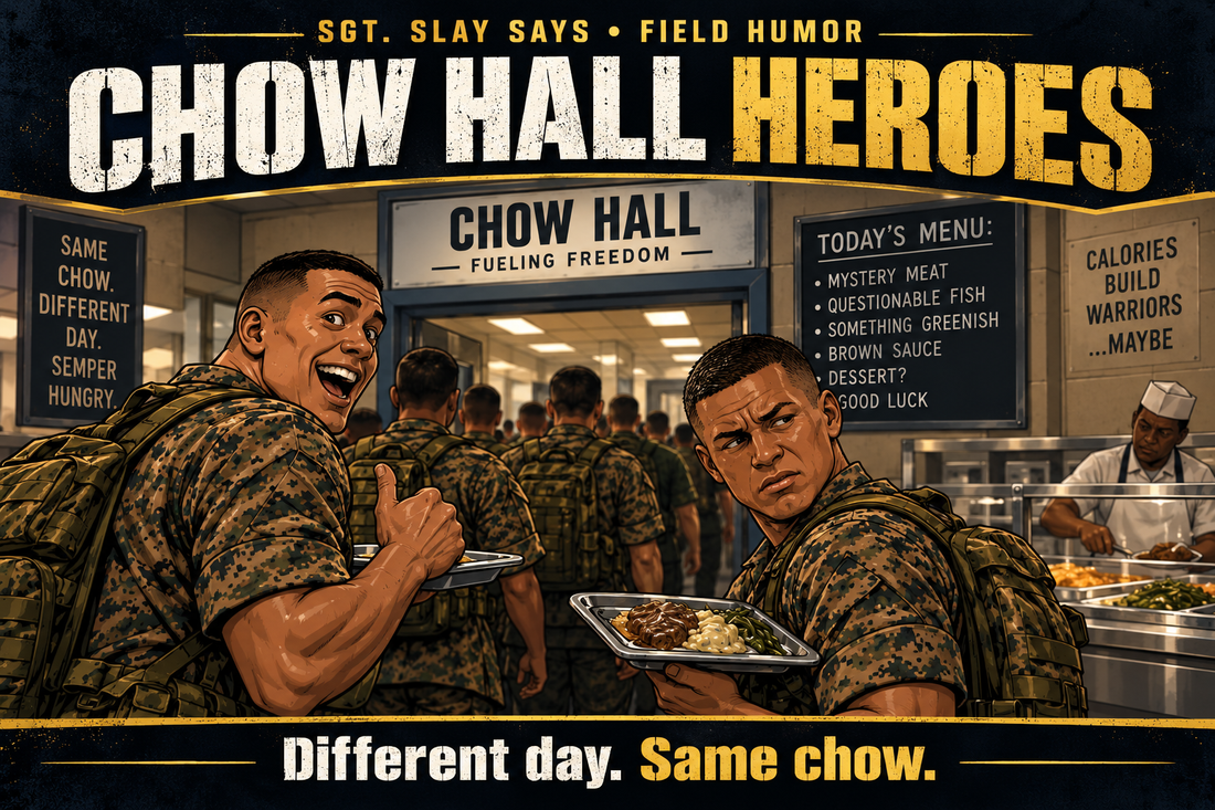 Two Marines entering a crowded chow hall with trays, one excited and one suspicious, beneath the title “Chow Hall Heroes.”