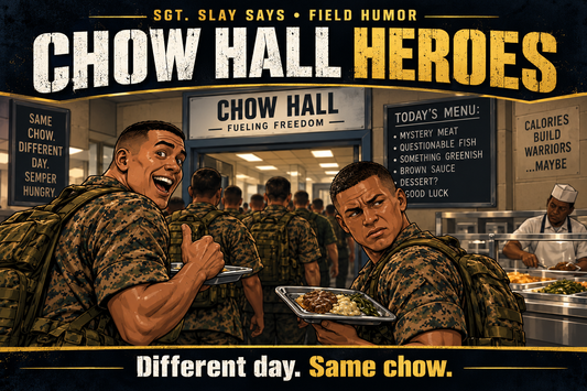 Two Marines entering a crowded chow hall with trays, one excited and one suspicious, beneath the title “Chow Hall Heroes.”