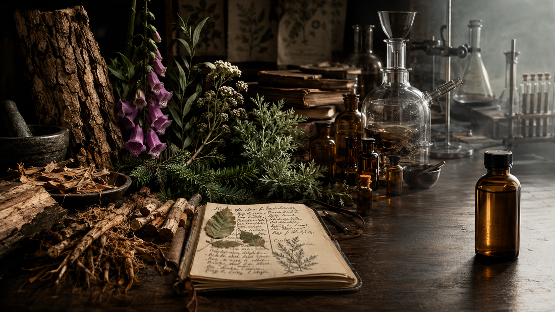Medicinal bark, roots, flowers, herbs, and field notes transitioning into amber glass and an unlabeled bottle, symbolizing nature’s path into modern medicine.