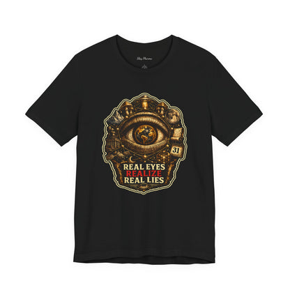 Conspiracy Eye Graphic Tee — "Real Eyes Realize Real Lies" Vintage Industrial T‑Shirt Stroked