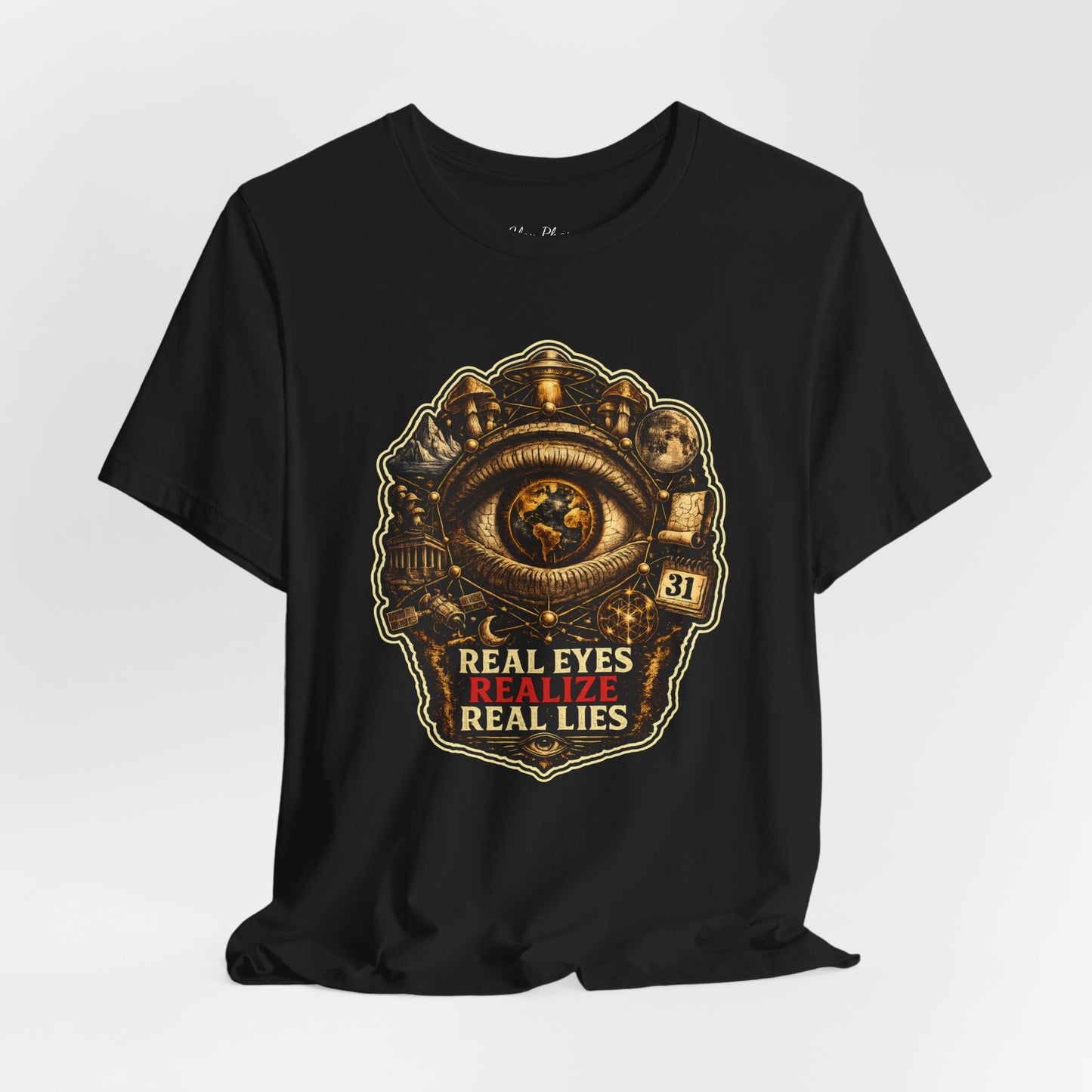 Conspiracy Eye Graphic Tee — "Real Eyes Realize Real Lies" Vintage Industrial T‑Shirt Stroked