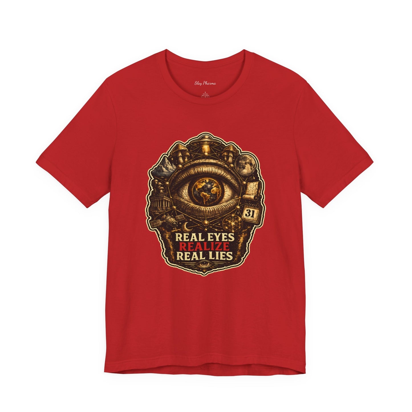Conspiracy Eye Graphic Tee — "Real Eyes Realize Real Lies" Vintage Industrial T‑Shirt Stroked