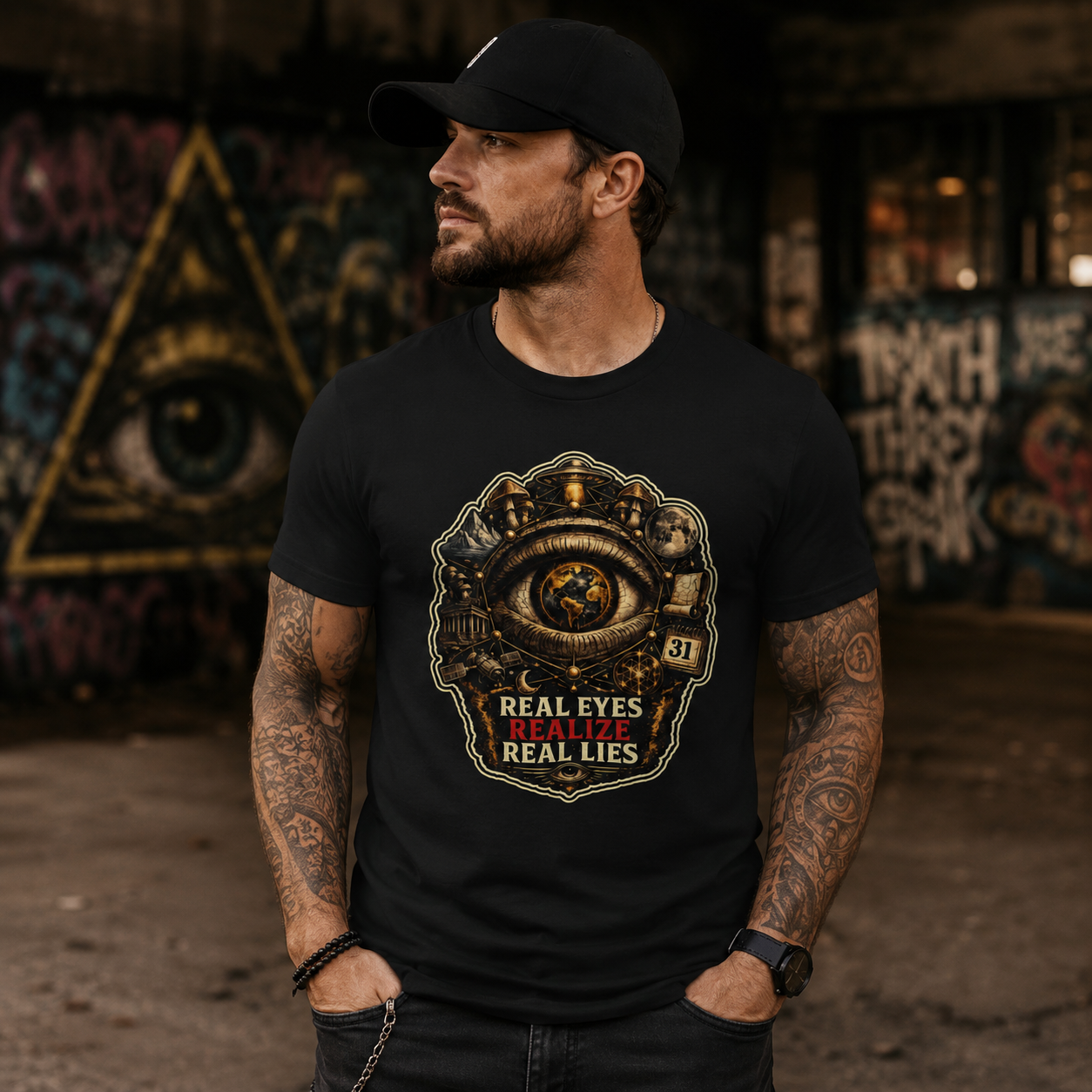 Conspiracy Eye Graphic Tee — "Real Eyes Realize Real Lies" Vintage Industrial T‑Shirt Stroked