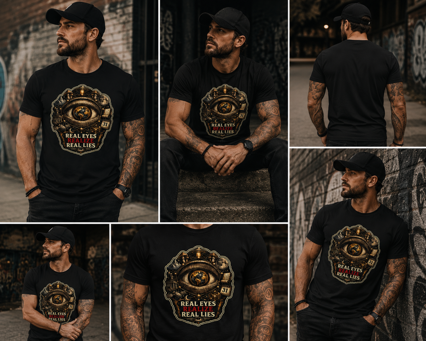 Conspiracy Eye Graphic Tee — "Real Eyes Realize Real Lies" Vintage Industrial T‑Shirt Stroked