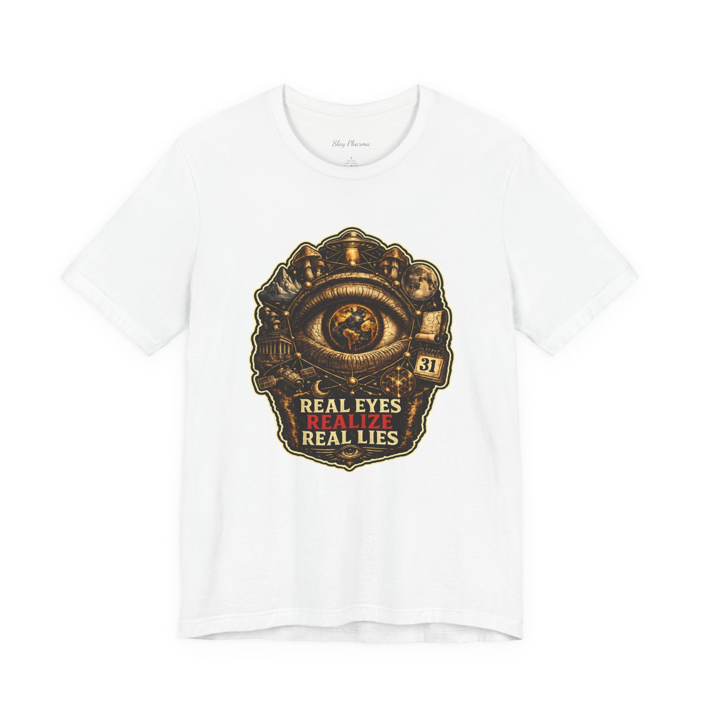 Conspiracy Eye Graphic Tee — "Real Eyes Realize Real Lies" Vintage Industrial T‑Shirt Stroked
