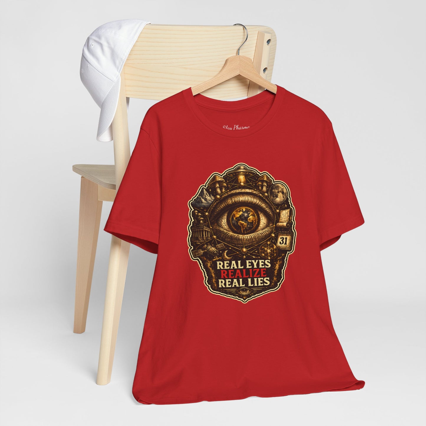 Conspiracy Eye Graphic Tee — "Real Eyes Realize Real Lies" Vintage Industrial T‑Shirt Stroked
