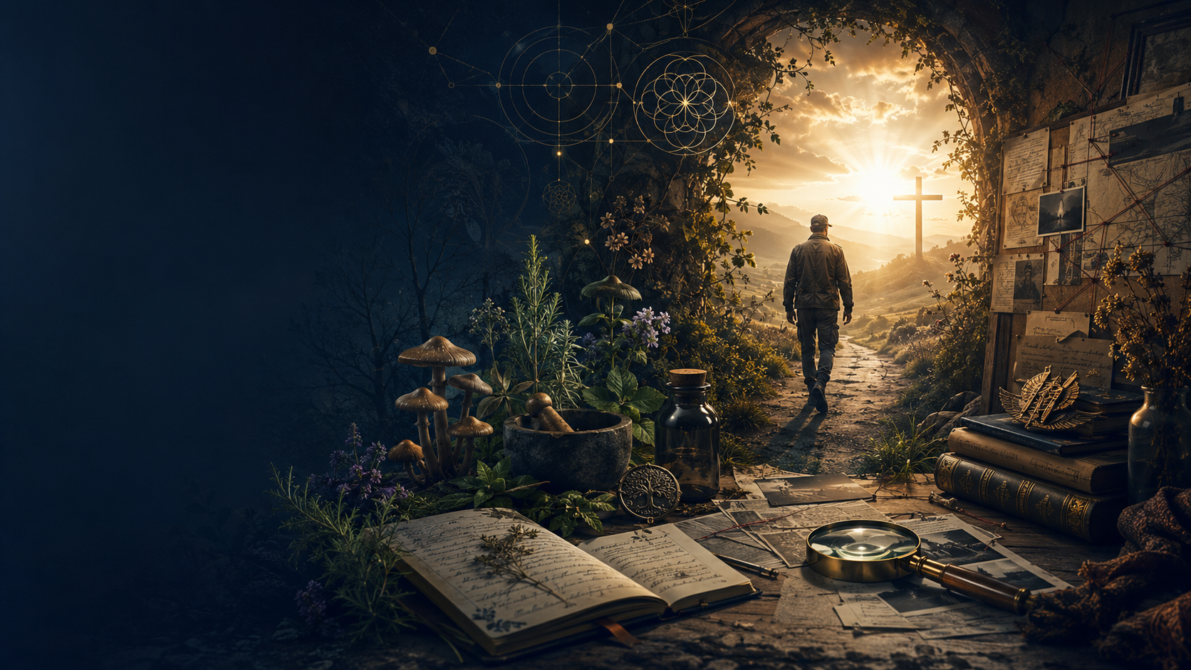 Veteran walking through a botanical and archival threshold toward sunrise and a glowing cross, representing plant medicine, service, disciplined inquiry, faith, and the search for truth.