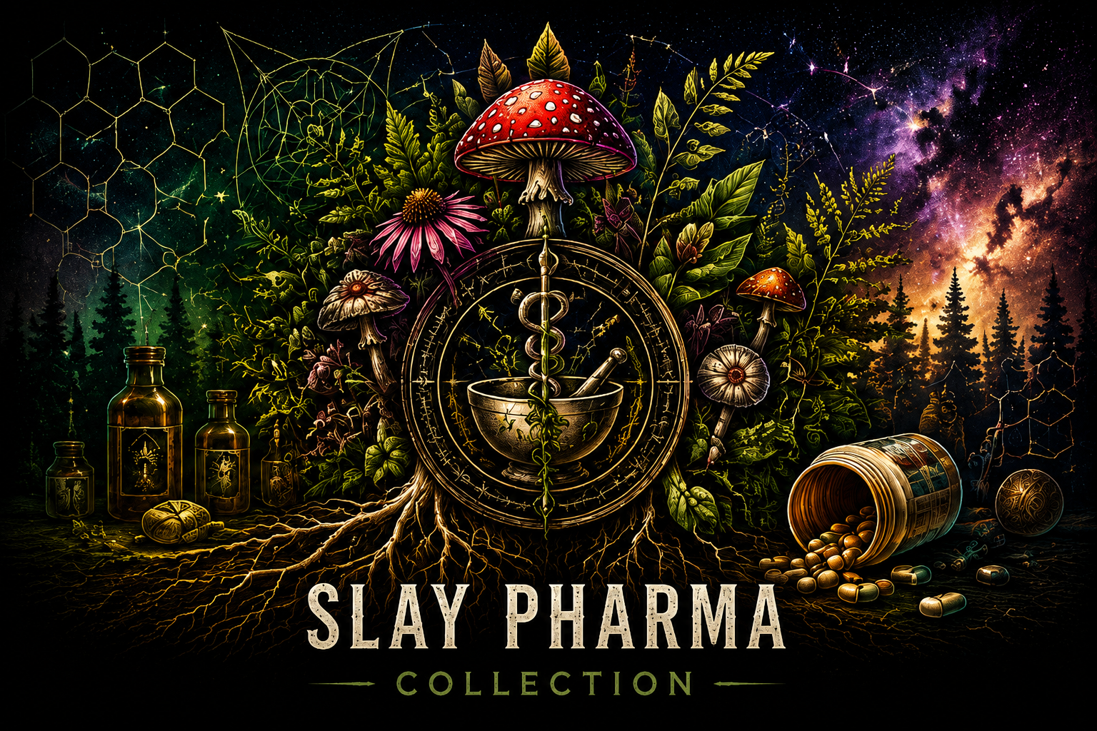 A dark fantasy-style illustrated collection graphic reading 'SLAY PHARMA COLLECTION' with a central ornate apothecary emblem, mushrooms, herbs, bottles, capsules, and a starry forest/space background.