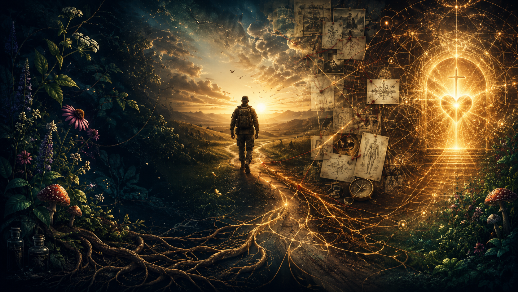 Four interconnected Slay Pharma worlds represented through botanical roots, a veteran walking toward sunrise, investigative documents and threads, and sacred golden light.
