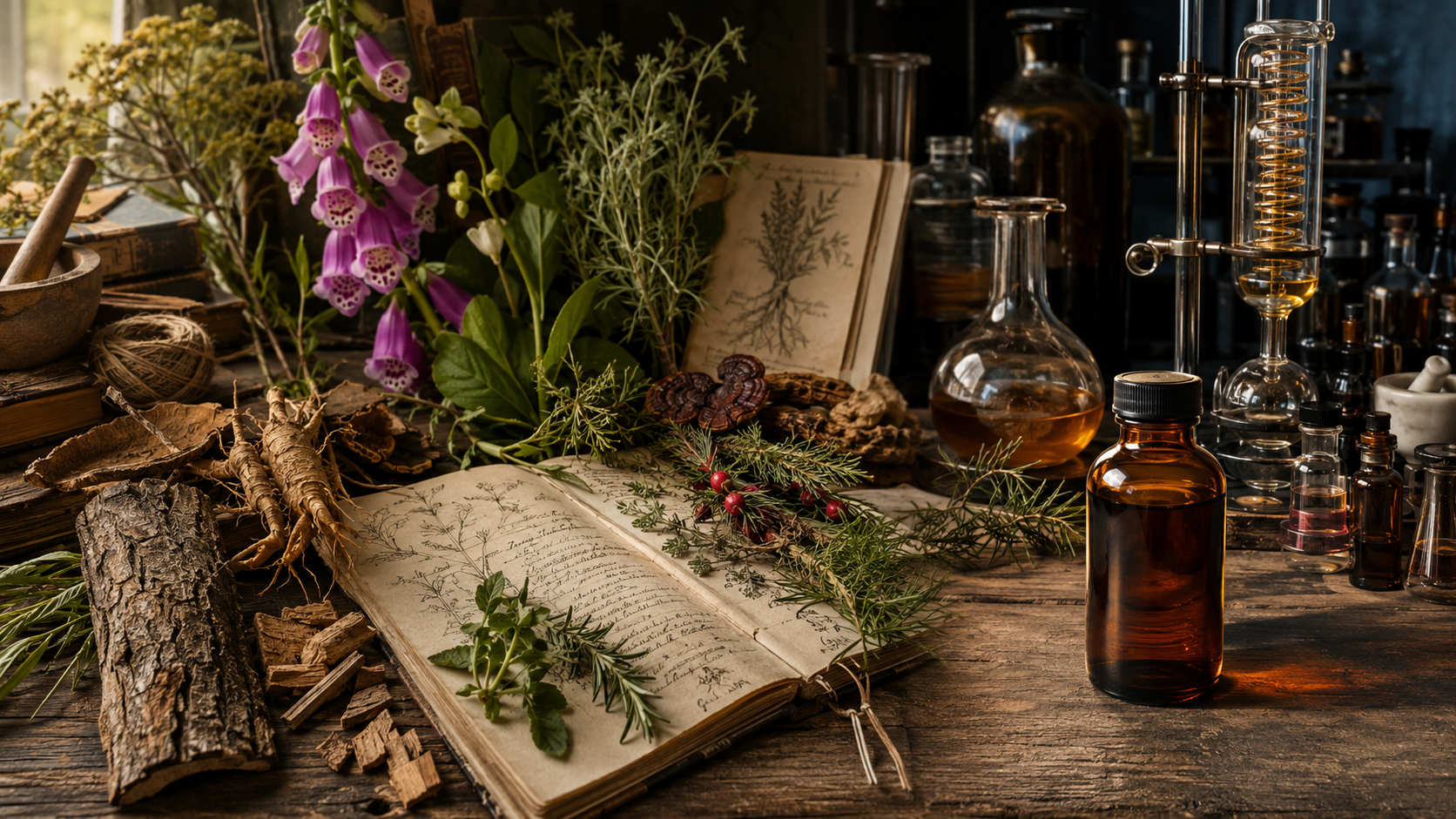 A rustic tabletop arrangement of vintage apothecary and herbalist props, including an open illustrated notebook with botanical drawings, amber glass bottles, glassware, dried flowers, herbs, bark, twine, and old books in warm candlelight.
