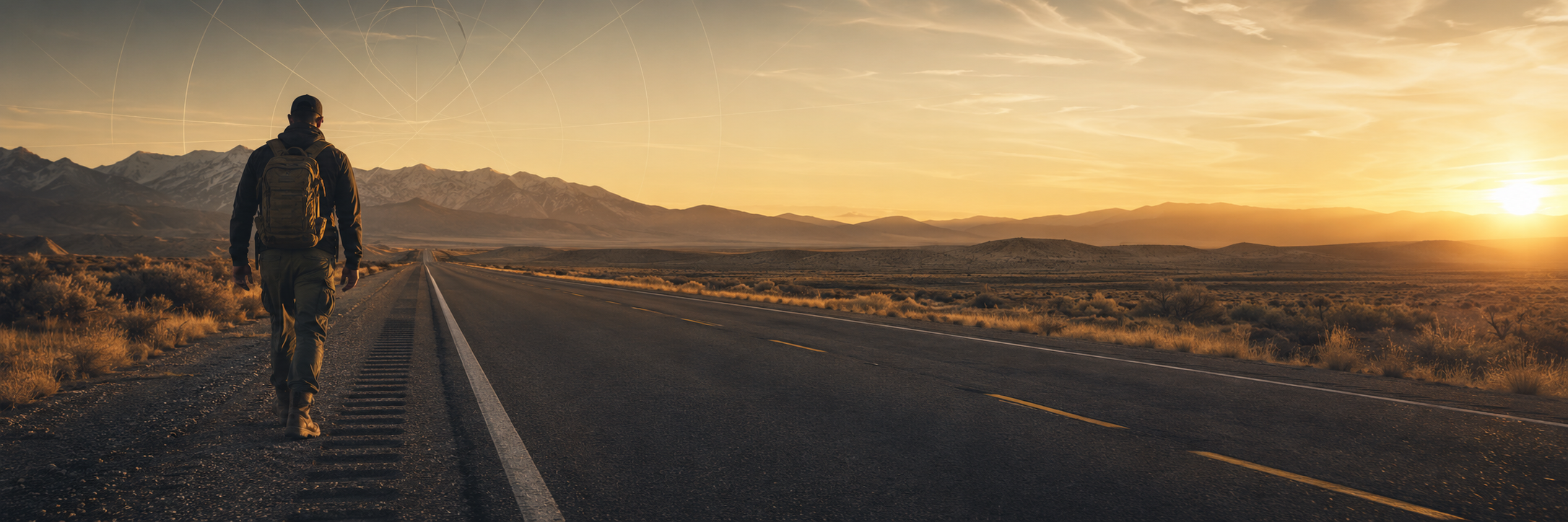 Veteran walking along a desert highway at sunrise toward distant mountains, symbolizing the road home, healing, purpose, and return to peace.