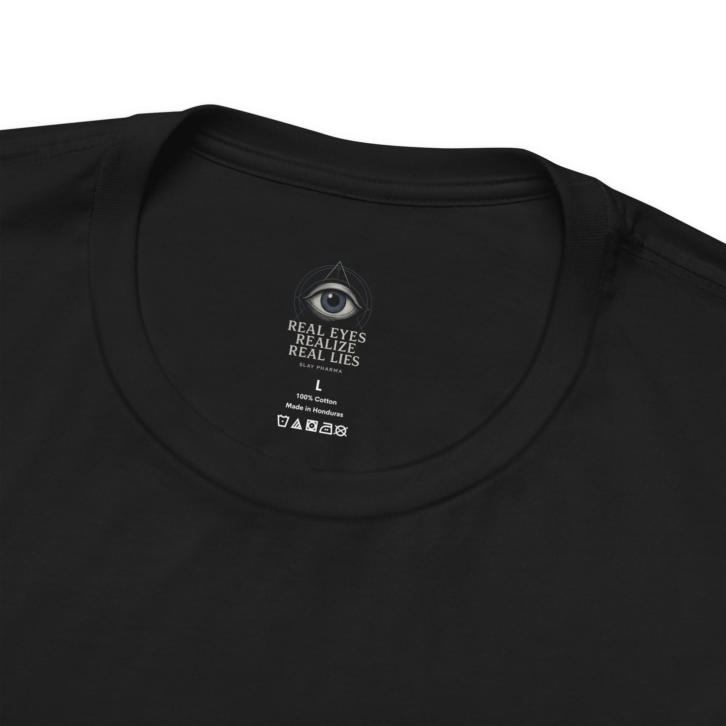 Close-up of black As Above So Below IYKYK t-shirt collar and fabric detail.