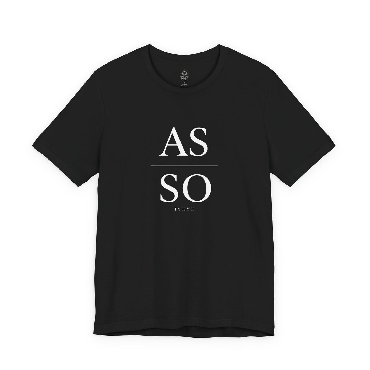 Black t-shirt featuring minimalist As Above So Below inspired typography with white lettering and subtle IYKYK detail.
