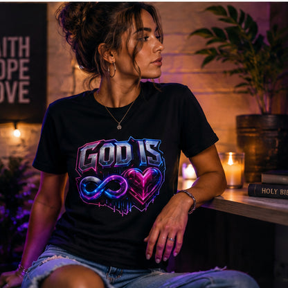 Woman wearing God Is Infinite Love cyberpunk t-shirt in a warm spiritual setting with candles and soft neon light.