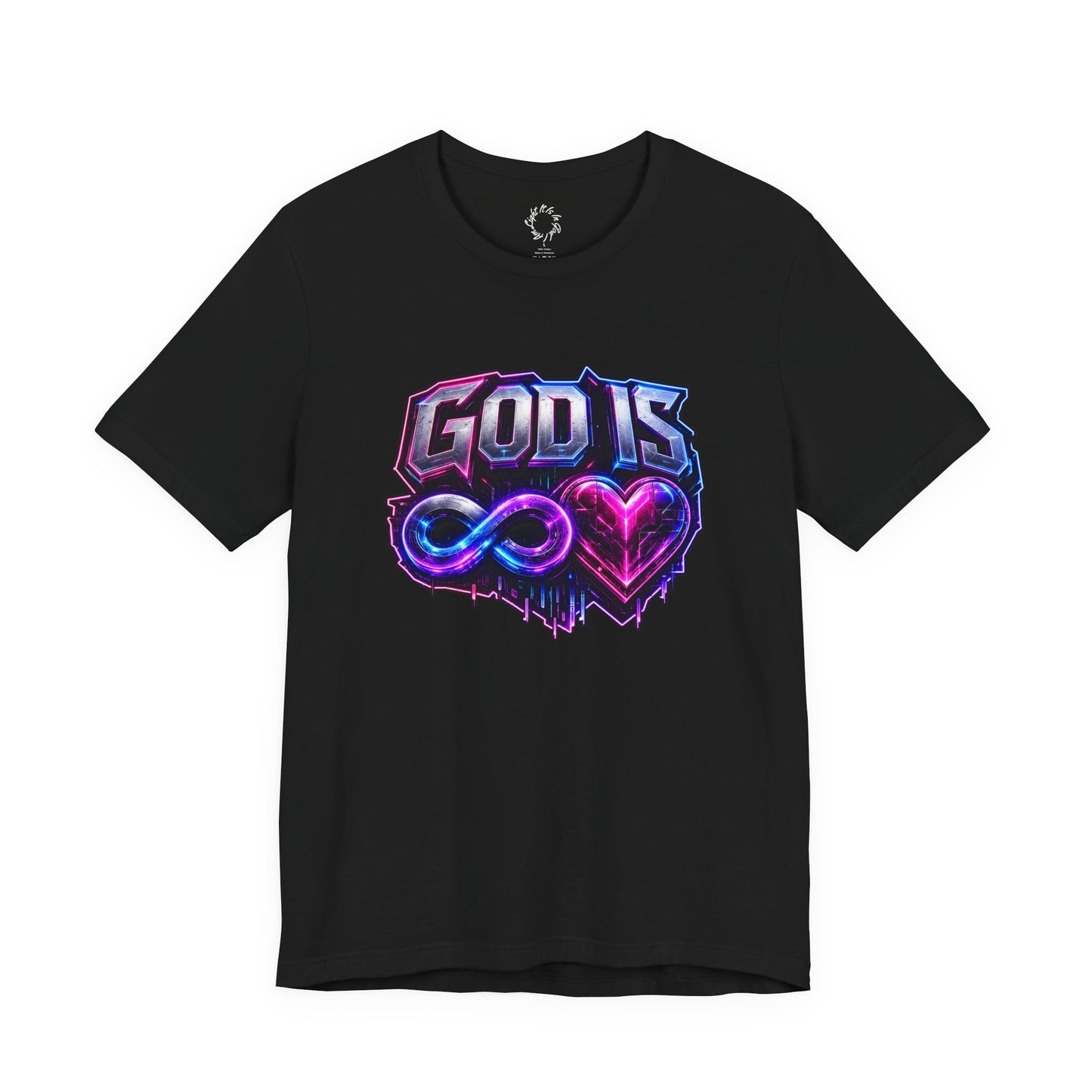 Black God Is Infinite Love cyberpunk t-shirt with neon infinity symbol and glowing heart artwork on the front.