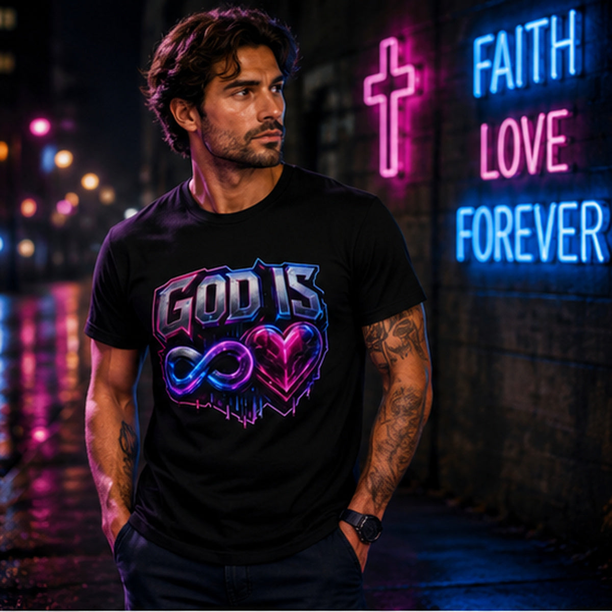 Man wearing God Is Infinite Love cyberpunk t-shirt at night beside a neon Faith Love Forever sign.