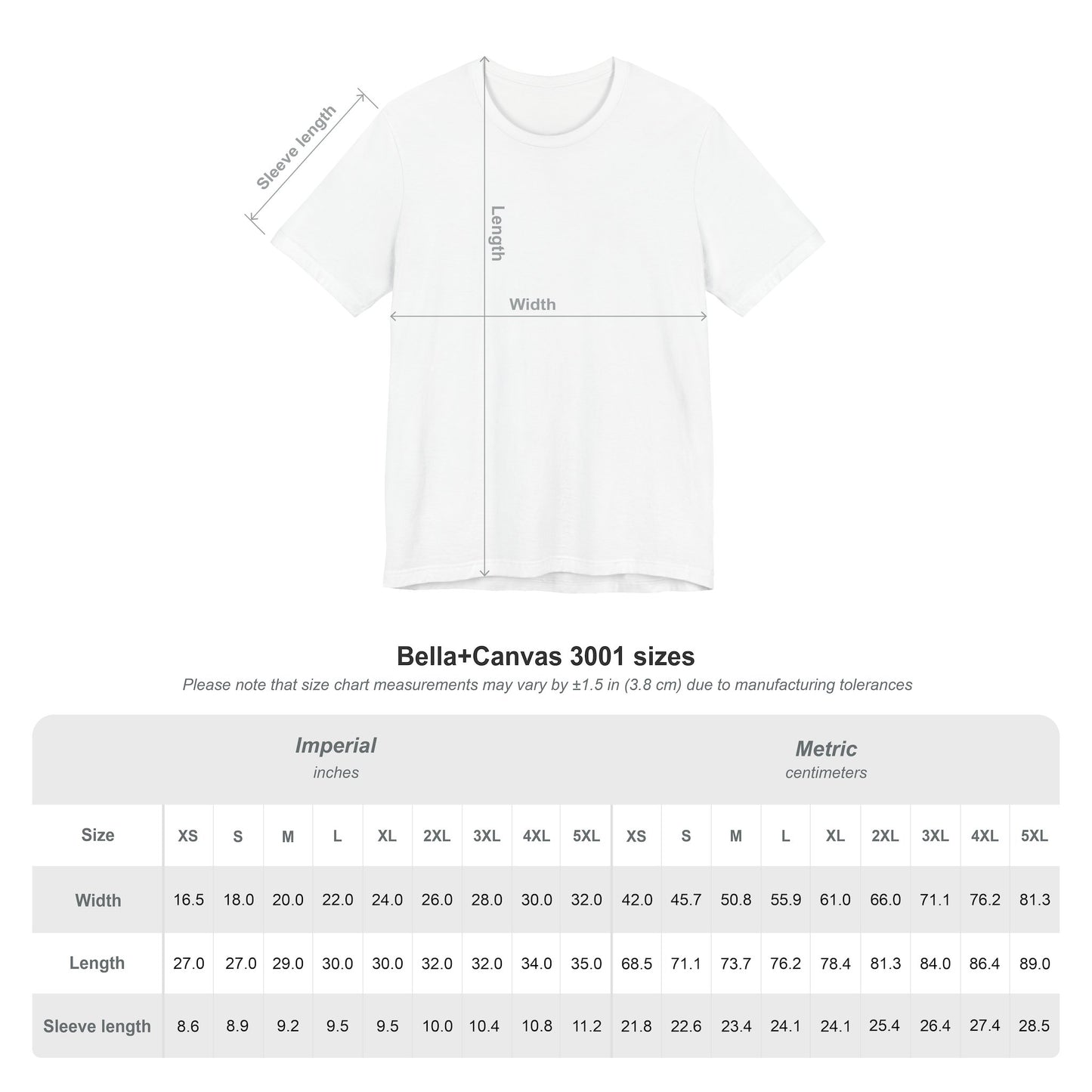 Bella Canvas 3001 size chart for God Is Infinite Love cyberpunk t-shirt with garment measurements.