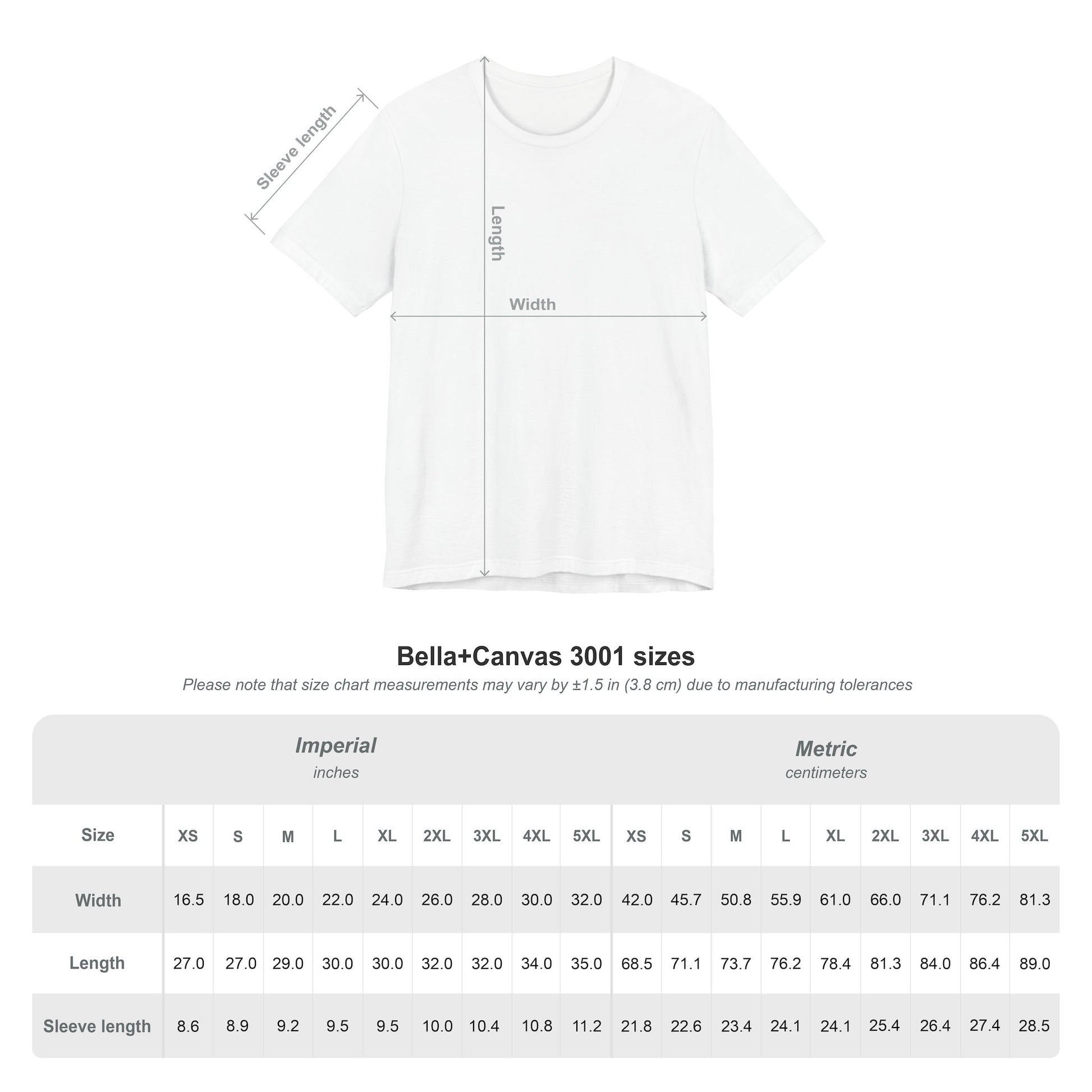 Bella Canvas 3001 size chart for God Is Infinite Love cyberpunk t-shirt with garment measurements.