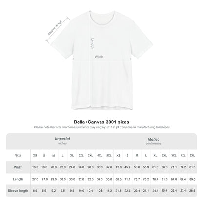 Bella Canvas 3001 size chart for God Is Infinite Love cyberpunk t-shirt with garment measurements.