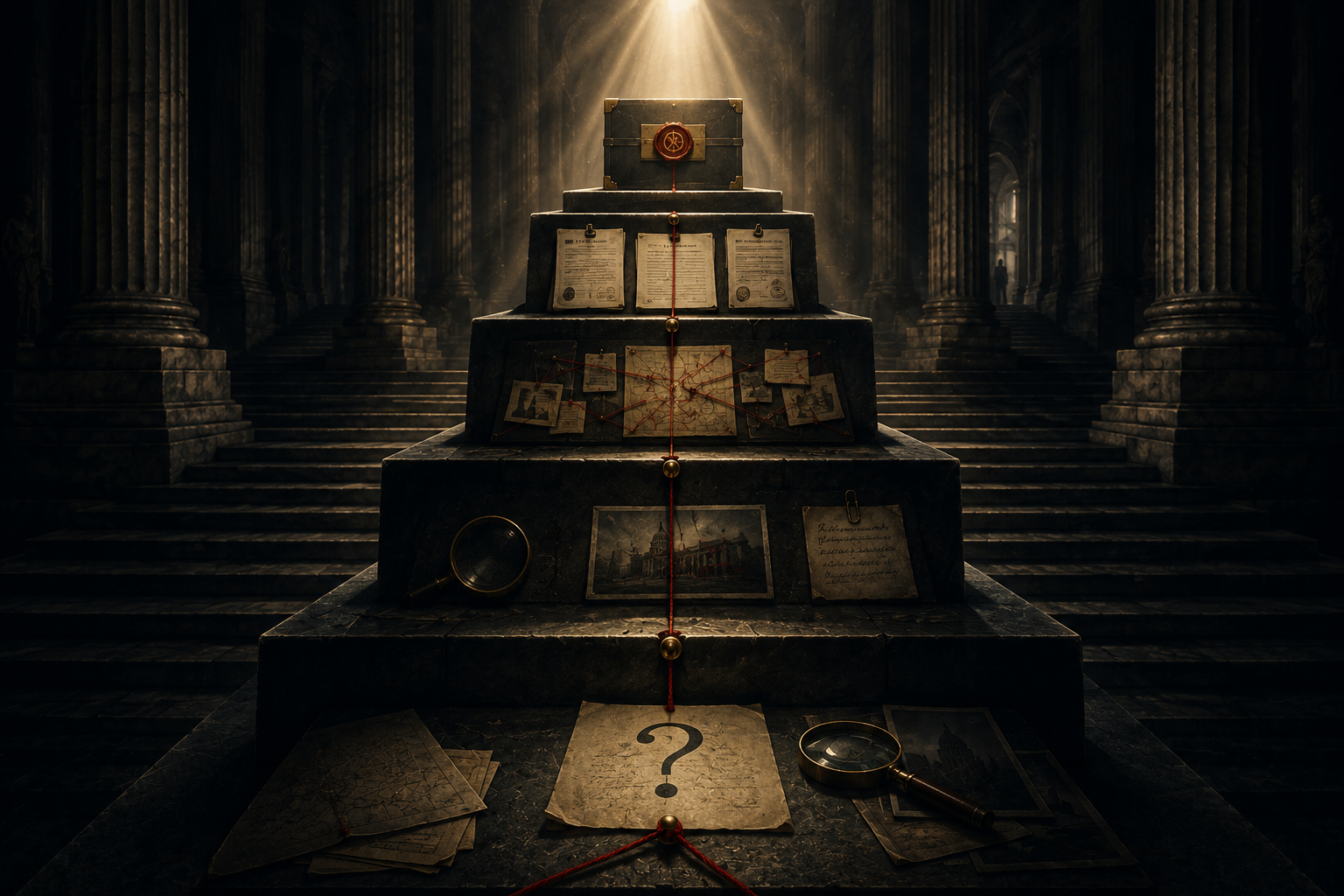 Investigative documents, notes, and connected evidence arranged for careful examination, symbolizing disciplined inquiry and separating fact from speculation.