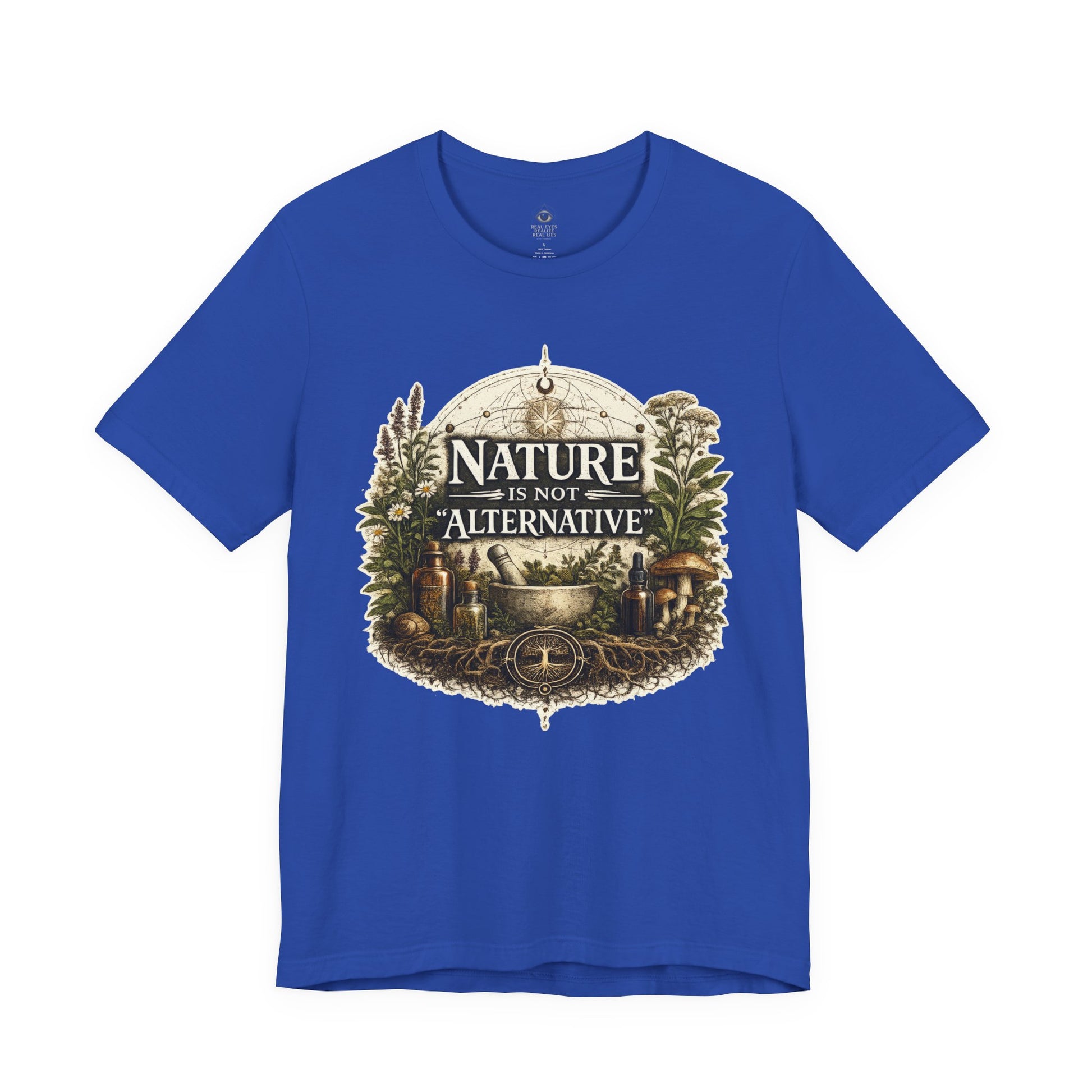 Product mockup of BLUE Nature Is Not Alternative t-shirt with vintage plant medicine artwork.
