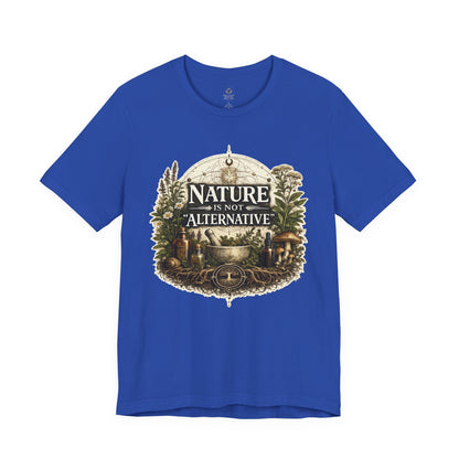 Product mockup of BLUE Nature Is Not Alternative t-shirt with vintage plant medicine artwork.