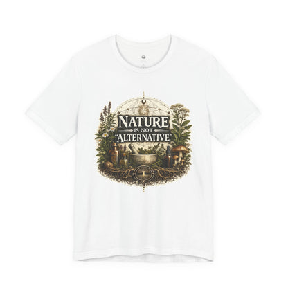 Black Nature Is Not Alternative t-shirt mockup featuring vintage apothecary artwork with herbs, mushrooms, and natural medicine imagery.