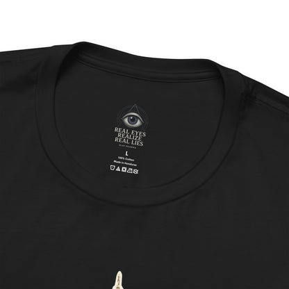 Close-up of black Nature Is Not Alternative t-shirt collar and fabric detail.