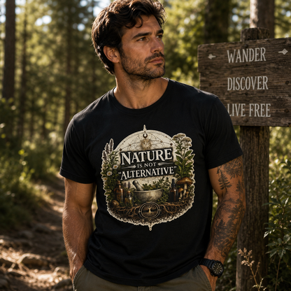 Man wearing black Nature Is Not Alternative t-shirt in the forest beside a Wander Discover Live Free sign.