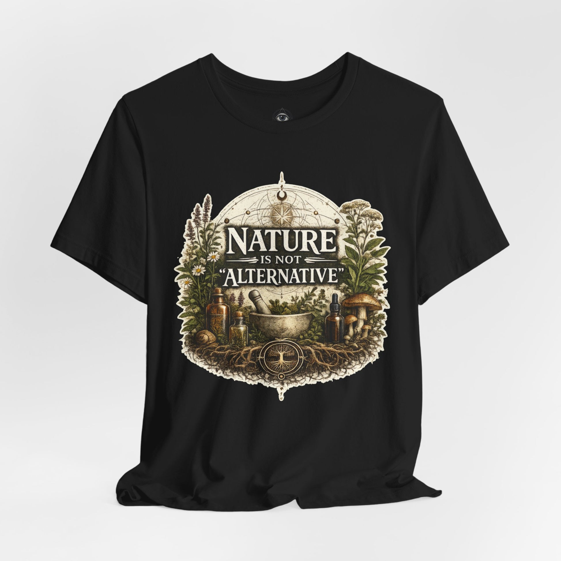 Black Nature Is Not Alternative t-shirt mockup featuring vintage apothecary artwork with herbs, mushrooms, and natural medicine imagery.